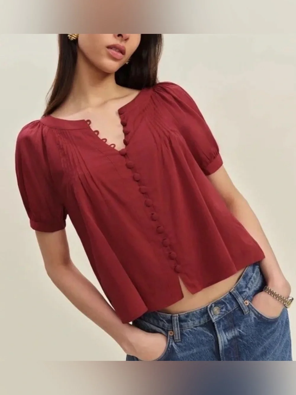 Reformation Burgundy Button-Front Puff Sleeve Blouse